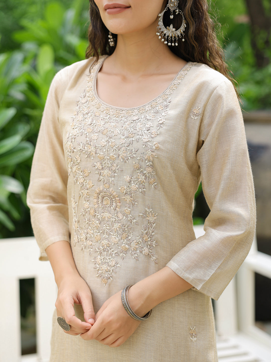 Solid Floral Hand Embroidered Straight Kurta with Pant & Dupatta - Beige