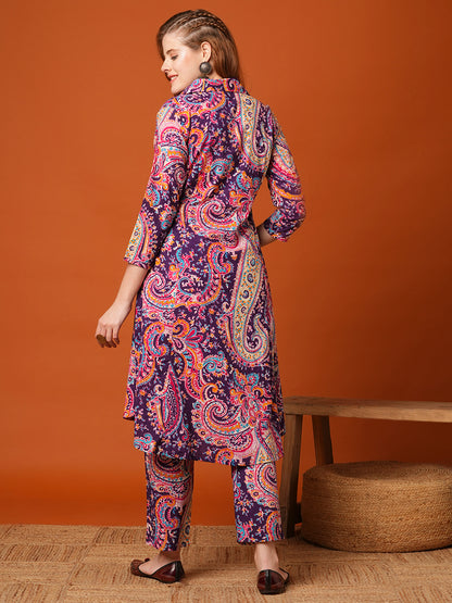 Ethnic Floral Printed A-Line Paneled Co-ord Set - Purple