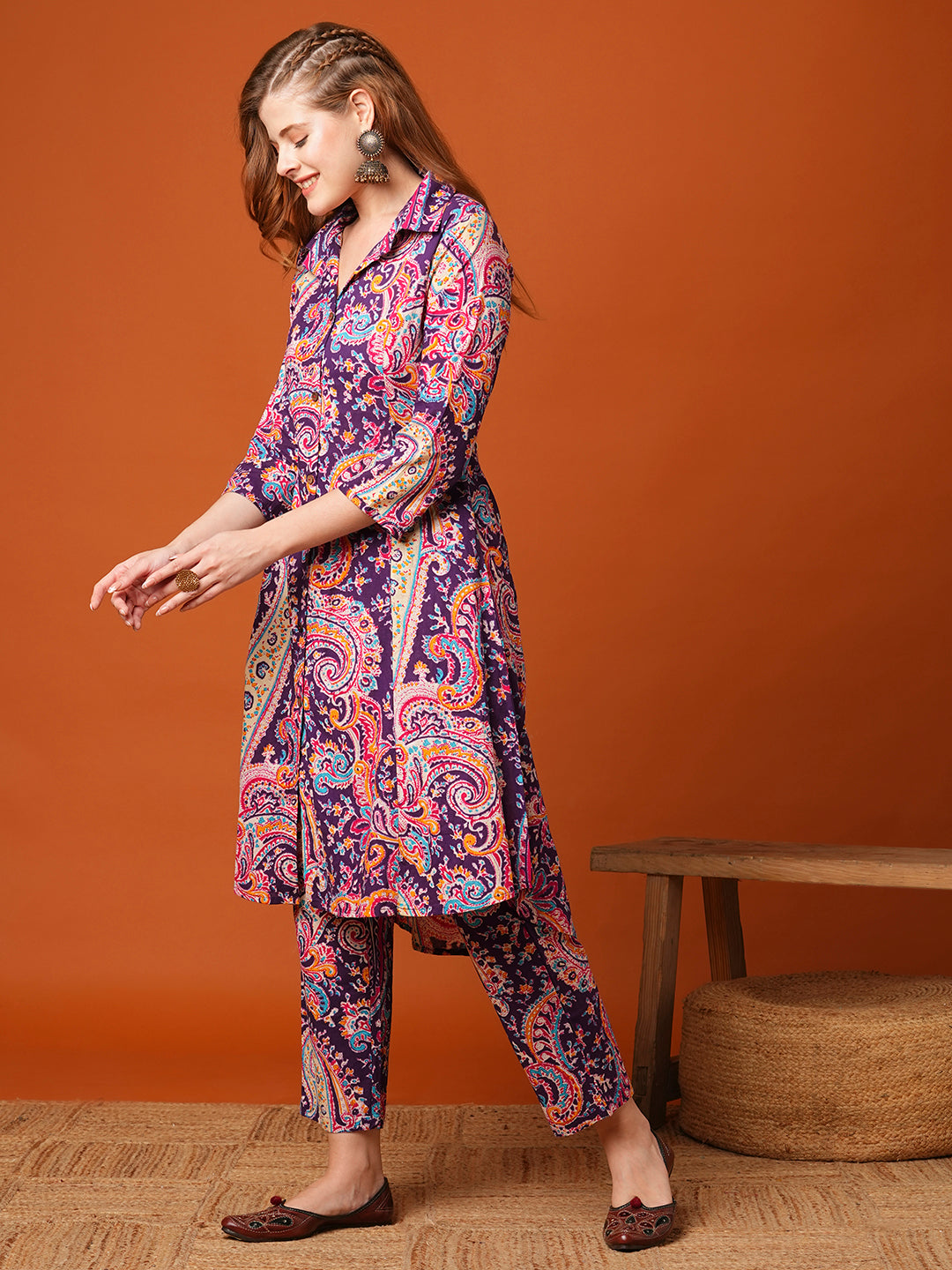 Ethnic Floral Printed A-Line Paneled Co-ord Set - Purple