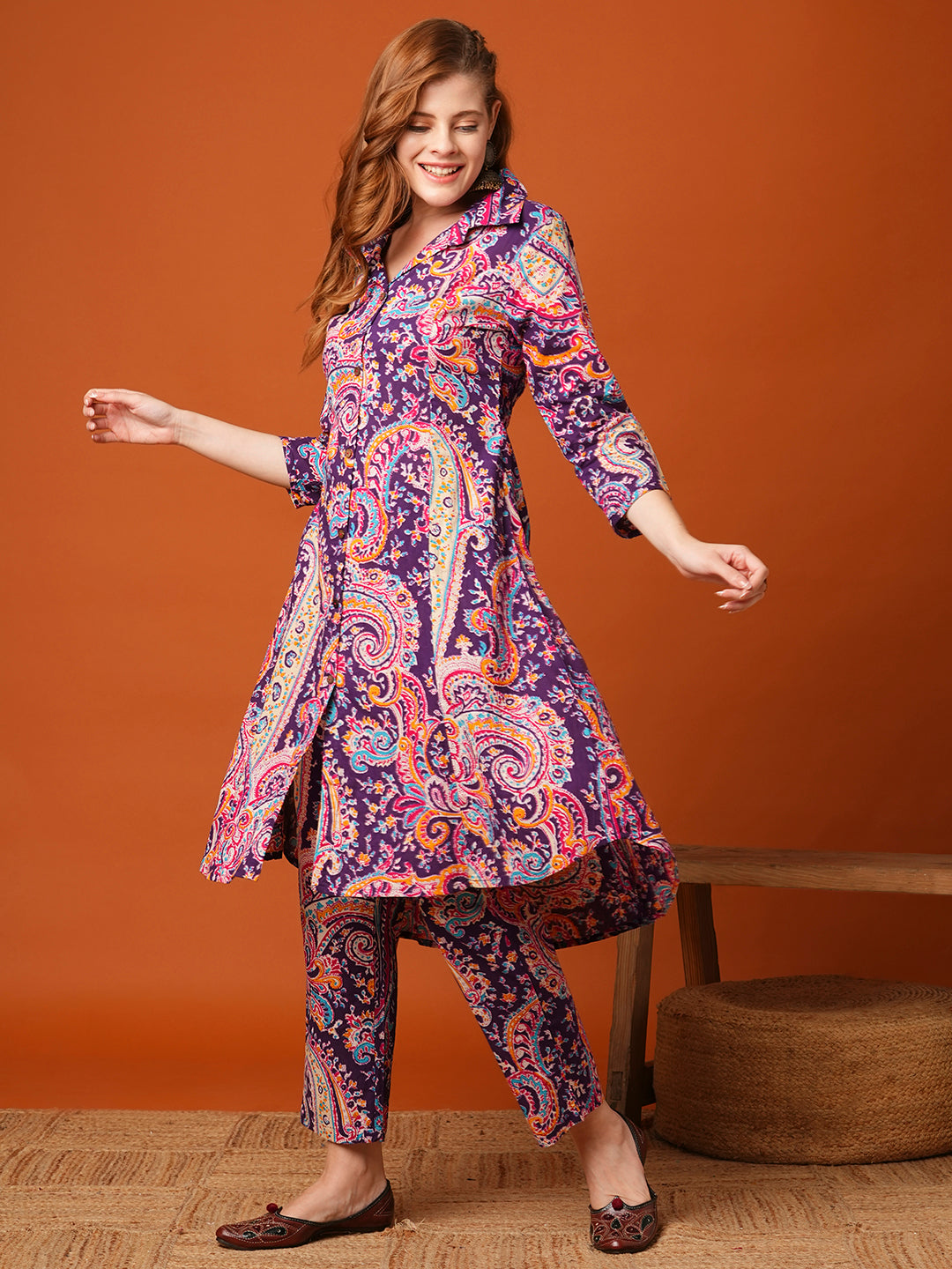 Ethnic Floral Printed A-Line Paneled Co-ord Set - Purple