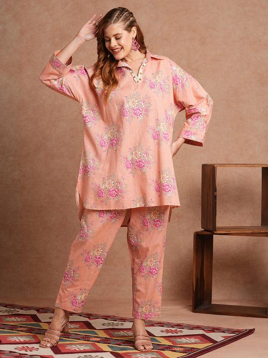 Floral Printed Kaftan Co-ord Set - Peach