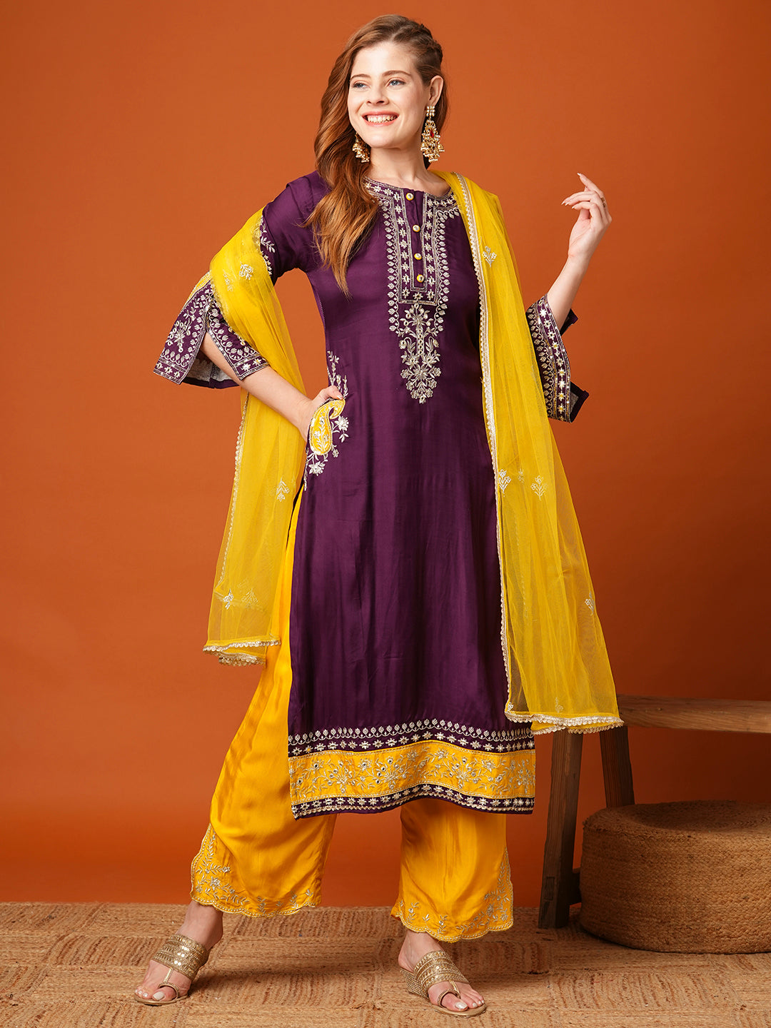 Solid Ethnic Zari Embroidered Straight Fit Kurta with Pant and Dupatta - Purple