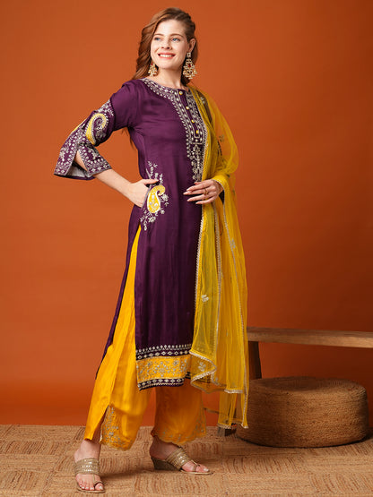 Solid Ethnic Zari Embroidered Straight Fit Kurta with Pant and Dupatta - Purple