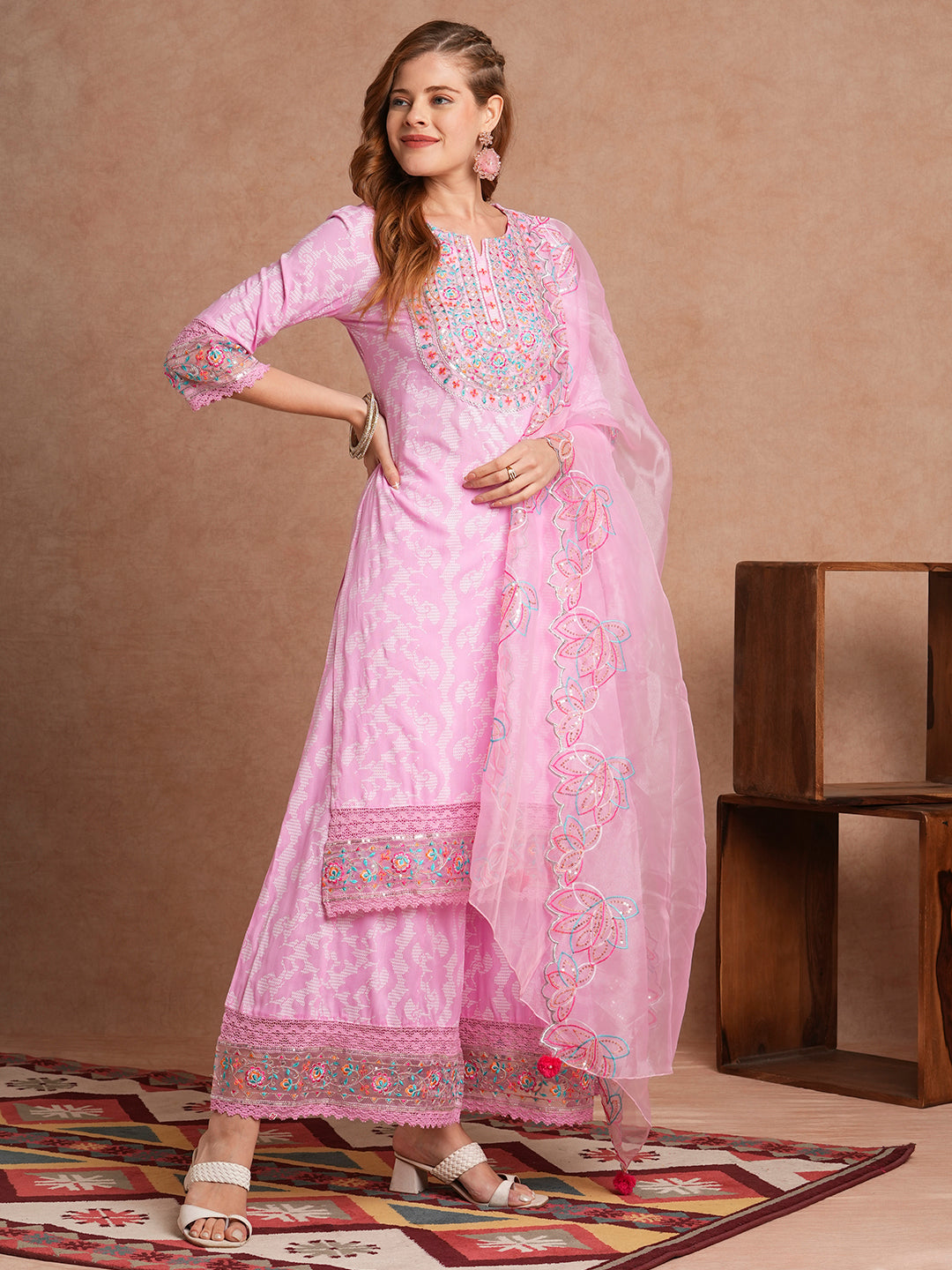 Ethnic Khari Printed Embroidered Straight Fit Kurta with Flared Palazzo and Dupatta - Pink