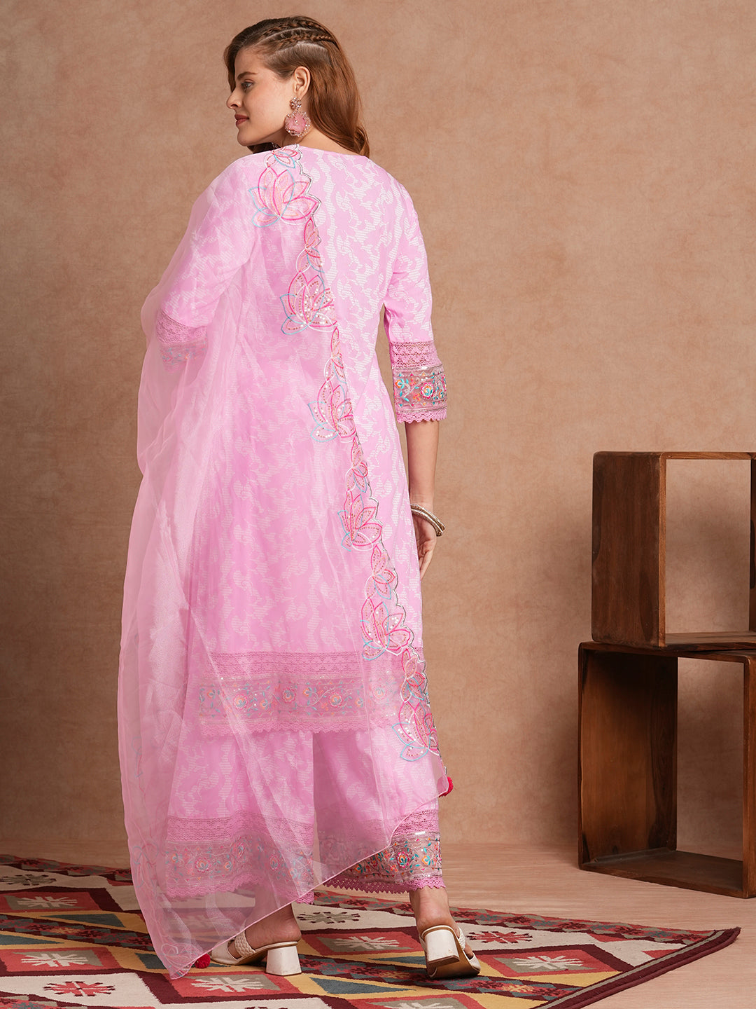 Ethnic Khari Printed Embroidered Straight Fit Kurta with Flared Palazzo and Dupatta - Pink