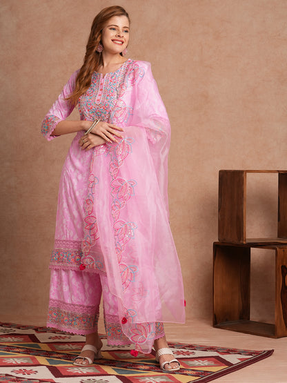 Ethnic Khari Printed Embroidered Straight Fit Kurta with Flared Palazzo and Dupatta - Pink