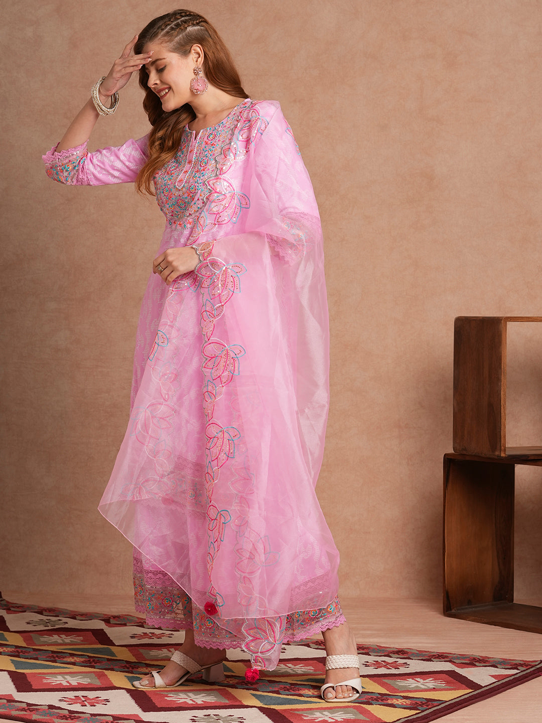 Ethnic Khari Printed Embroidered Straight Fit Kurta with Flared Palazzo and Dupatta - Pink