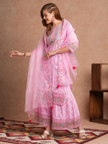 Ethnic Khari Printed Embroidered Straight Fit Kurta with Flared Palazzo and Dupatta - Pink