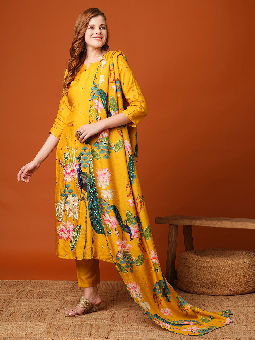 Ethnic Miniature Printed & Hand Embroidered Kurta with Pant & Dupatta - Yellow