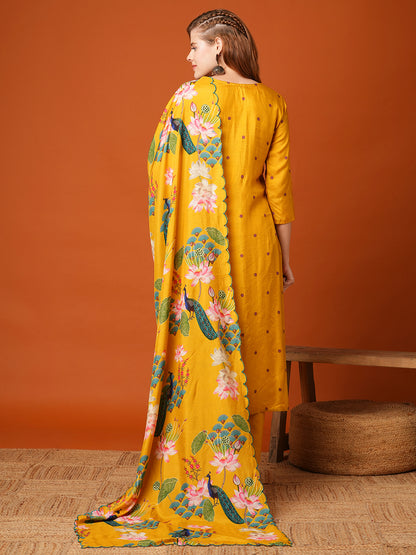 Ethnic Miniature Printed & Hand Embroidered Kurta with Pant & Dupatta - Yellow
