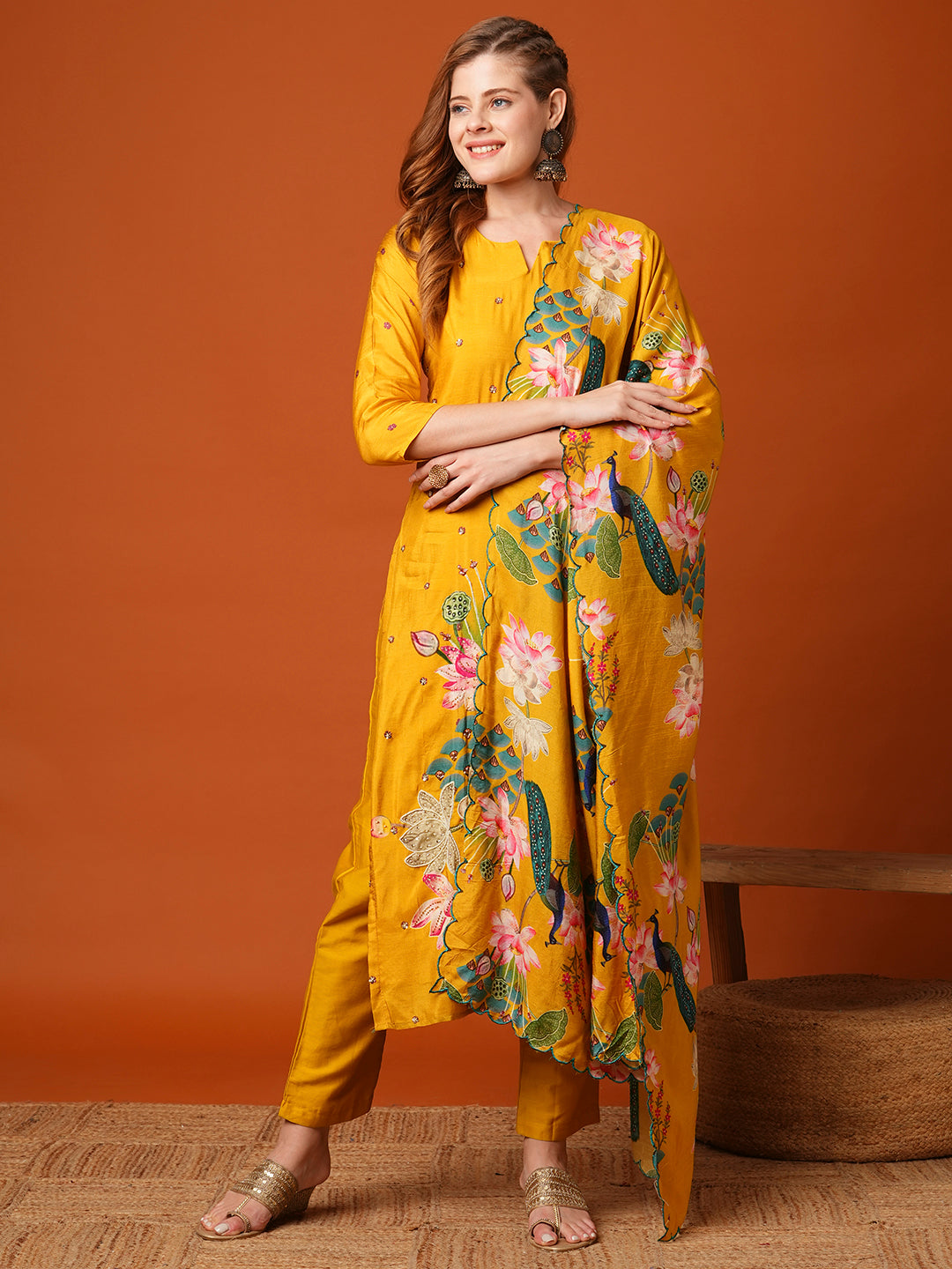 Ethnic Miniature Printed & Hand Embroidered Kurta with Pant & Dupatta - Yellow