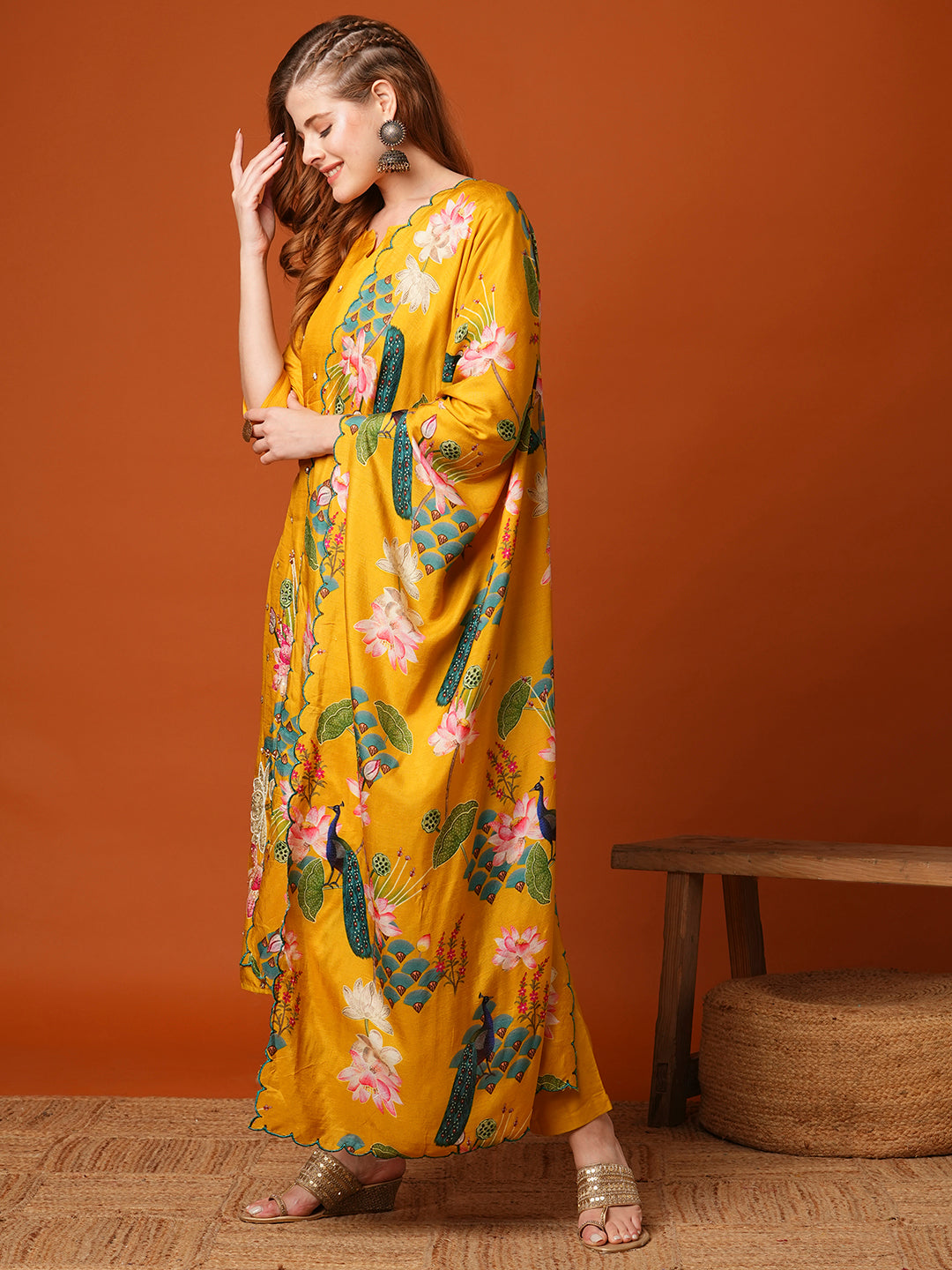 Ethnic Miniature Printed & Hand Embroidered Kurta with Pant & Dupatta - Yellow