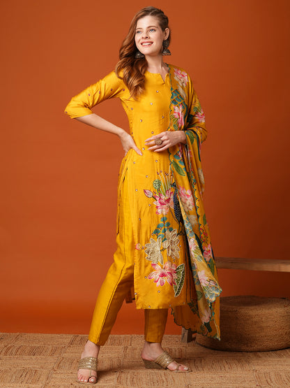 Ethnic Miniature Printed & Hand Embroidered Kurta with Pant & Dupatta - Yellow