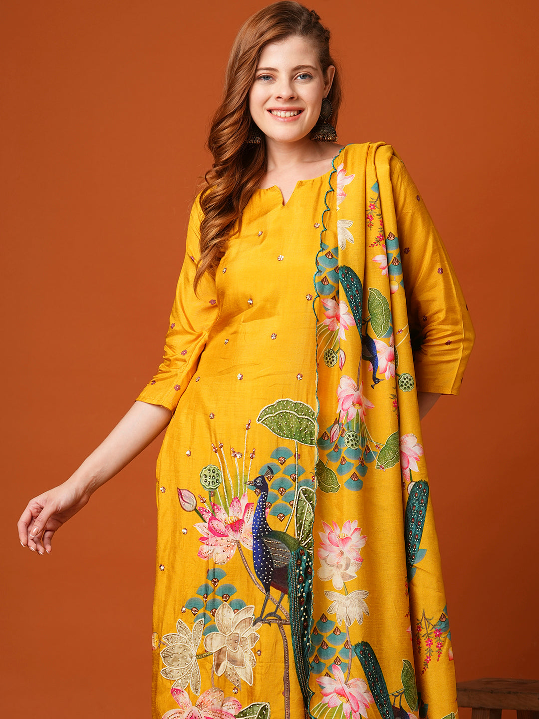 Ethnic Miniature Printed & Hand Embroidered Kurta with Pant & Dupatta - Yellow