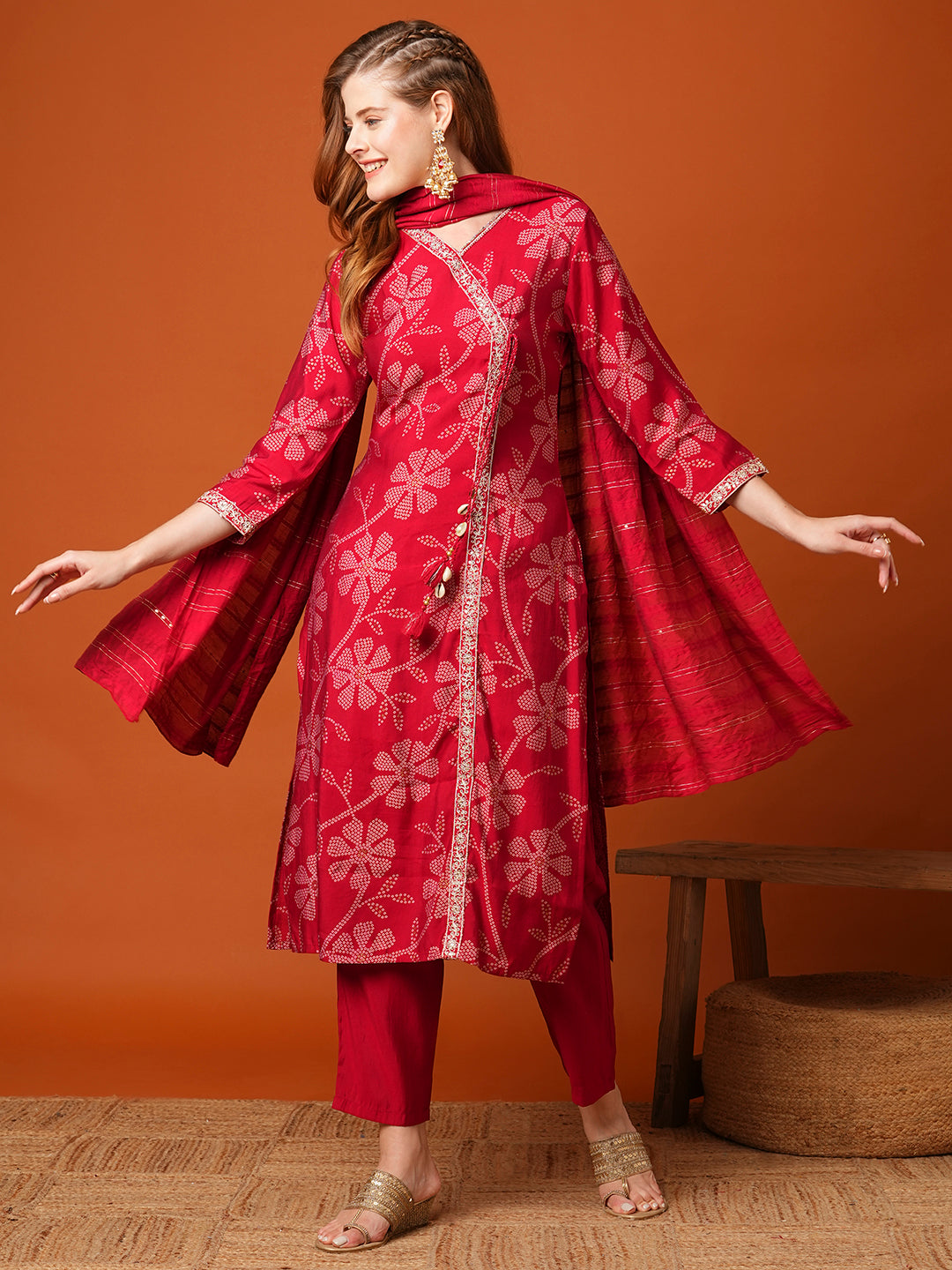 Floral Bandhani Printed & Embroidered Straight Fit Kurta with Pant and Dupatta - Maroon