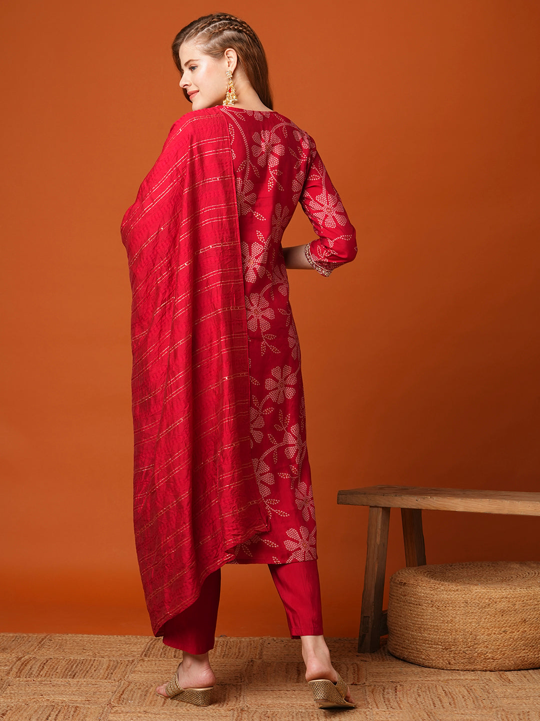 Floral Bandhani Printed & Embroidered Straight Fit Kurta with Pant and Dupatta - Maroon