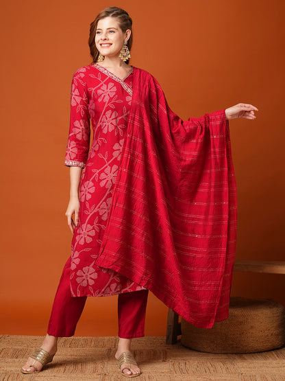 Floral Bandhani Printed & Embroidered Straight Fit Kurta with Pant and Dupatta - Maroon