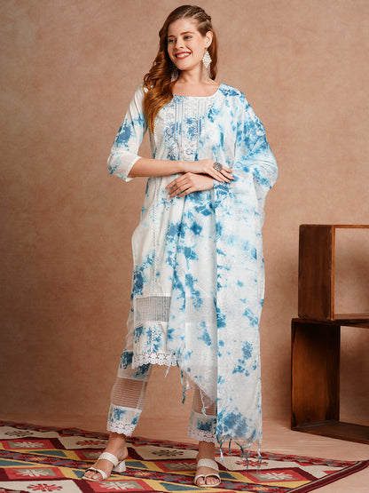 Tie - Dye Printed & Embroidered Straight Kurta with Pant & Dupatta - White