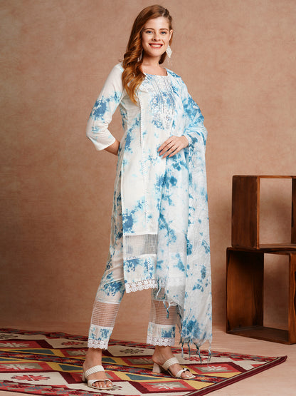 Tie - Dye Printed & Embroidered Straight Kurta with Pant & Dupatta - White