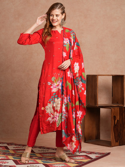 Ethnic Miniature Printed & Hand Embroidered Kurta with Pant & Dupatta - Red