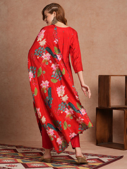 Ethnic Miniature Printed & Hand Embroidered Kurta with Pant & Dupatta - Red