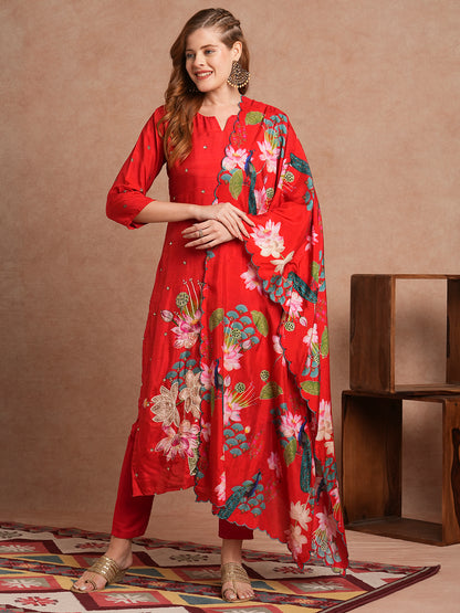 Ethnic Miniature Printed & Hand Embroidered Kurta with Pant & Dupatta - Red