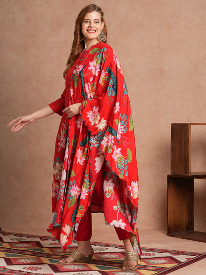 Ethnic Miniature Printed & Hand Embroidered Kurta with Pant & Dupatta - Red