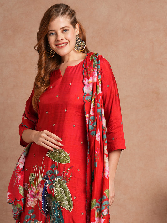 Ethnic Miniature Printed & Hand Embroidered Kurta with Pant & Dupatta - Red