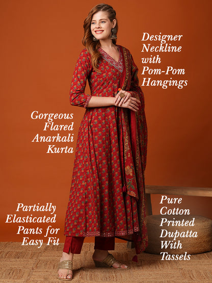 Ethnic Floral Printed Anarkali Kurta with Pant and Pure Cotton Dupatta - Maroon