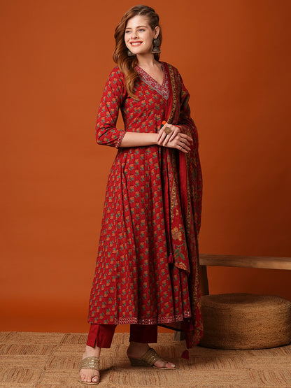 Ethnic Floral Printed Anarkali Kurta with Pant and Pure Cotton Dupatta - Maroon