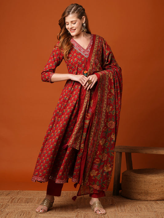 Ethnic Floral Printed Anarkali Kurta with Pant and Pure Cotton Dupatta - Maroon