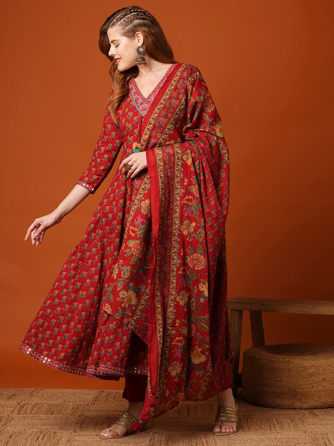 Ethnic Floral Printed Anarkali Kurta with Pant and Pure Cotton Dupatta - Maroon