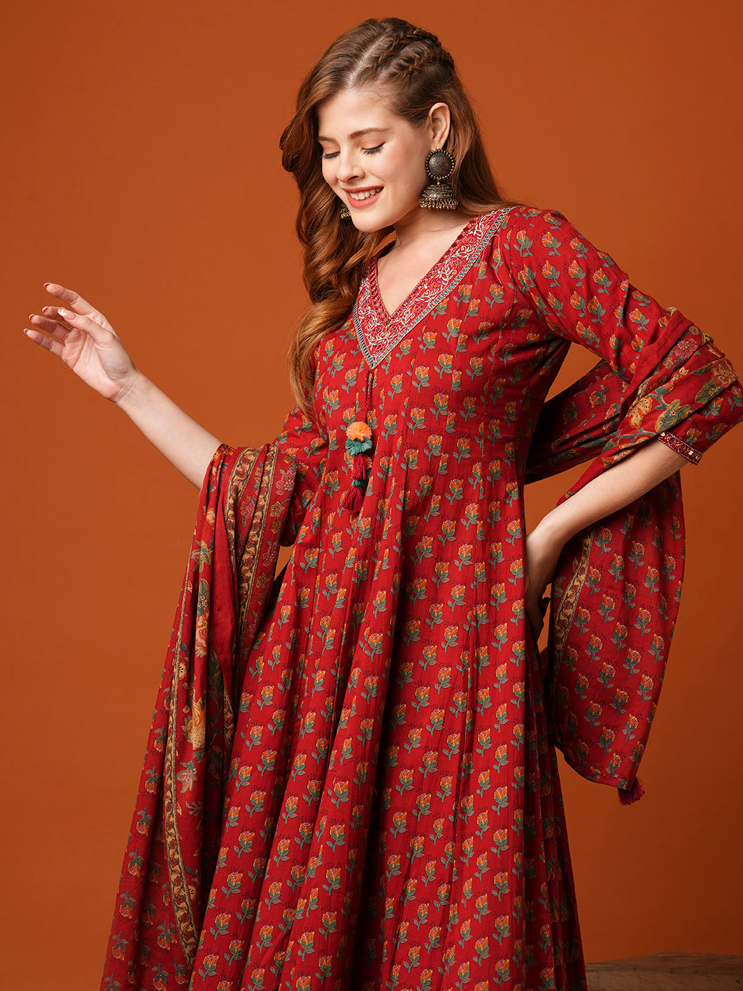 Ethnic Floral Printed Anarkali Kurta with Pant and Pure Cotton Dupatta - Maroon