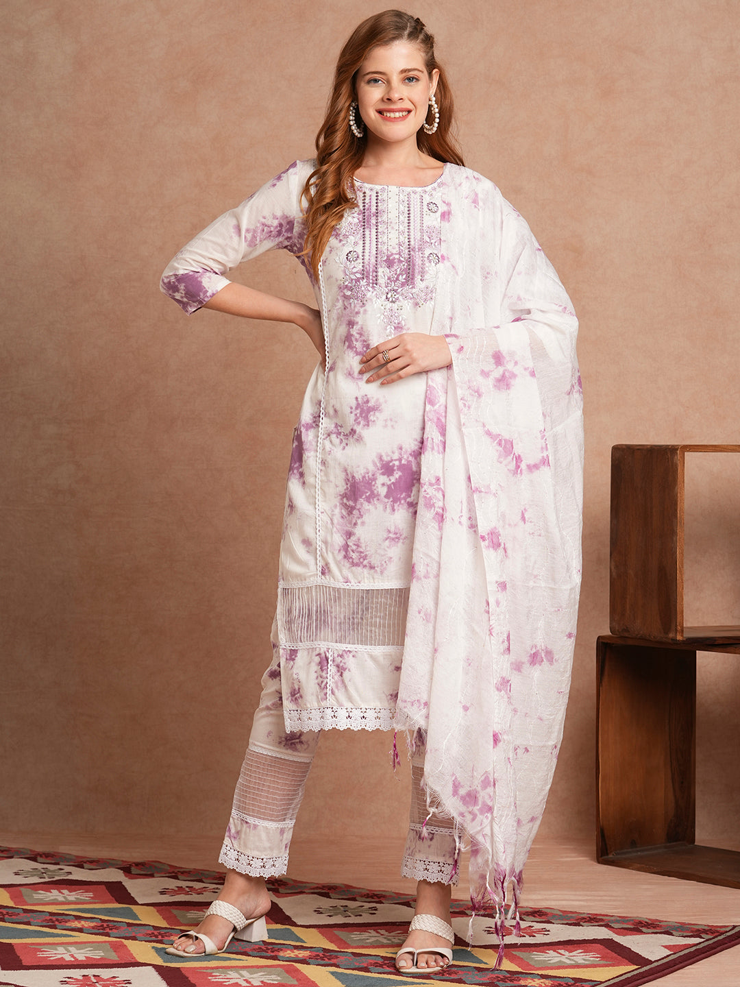 Tie - Dye Printed & Embroidered Straight Kurta with Pant & Dupatta - White