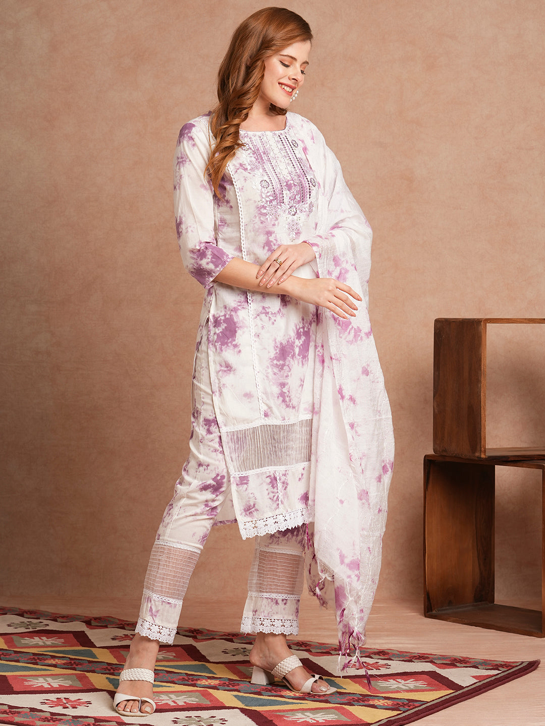 Tie - Dye Printed & Embroidered Straight Kurta with Pant & Dupatta - White