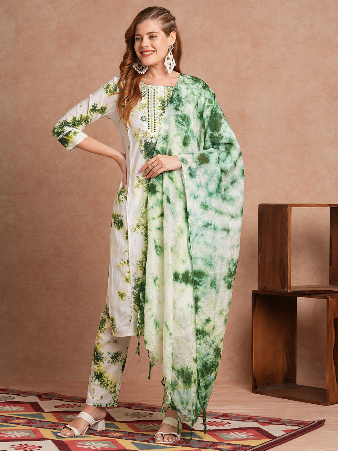 Abstract Printed & Embroidered Straight Fit Kurta with Pant and Dupatta - Multi