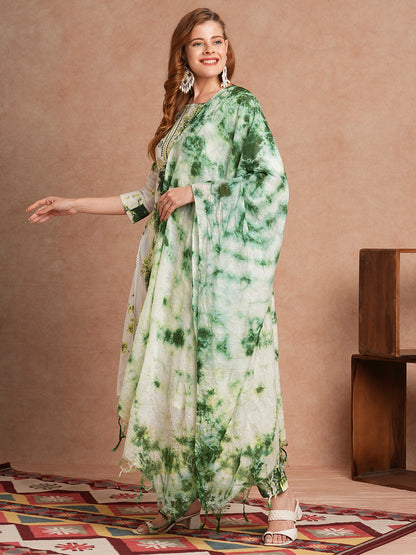 Abstract Printed & Embroidered Straight Fit Kurta with Pant and Dupatta - Multi