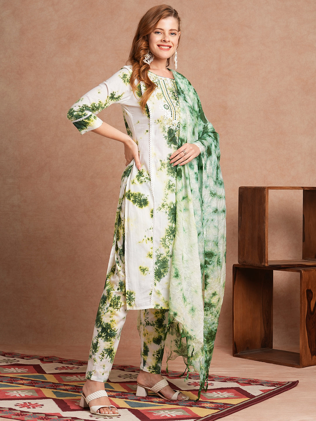 Abstract Printed & Embroidered Straight Fit Kurta with Pant and Dupatta - Multi