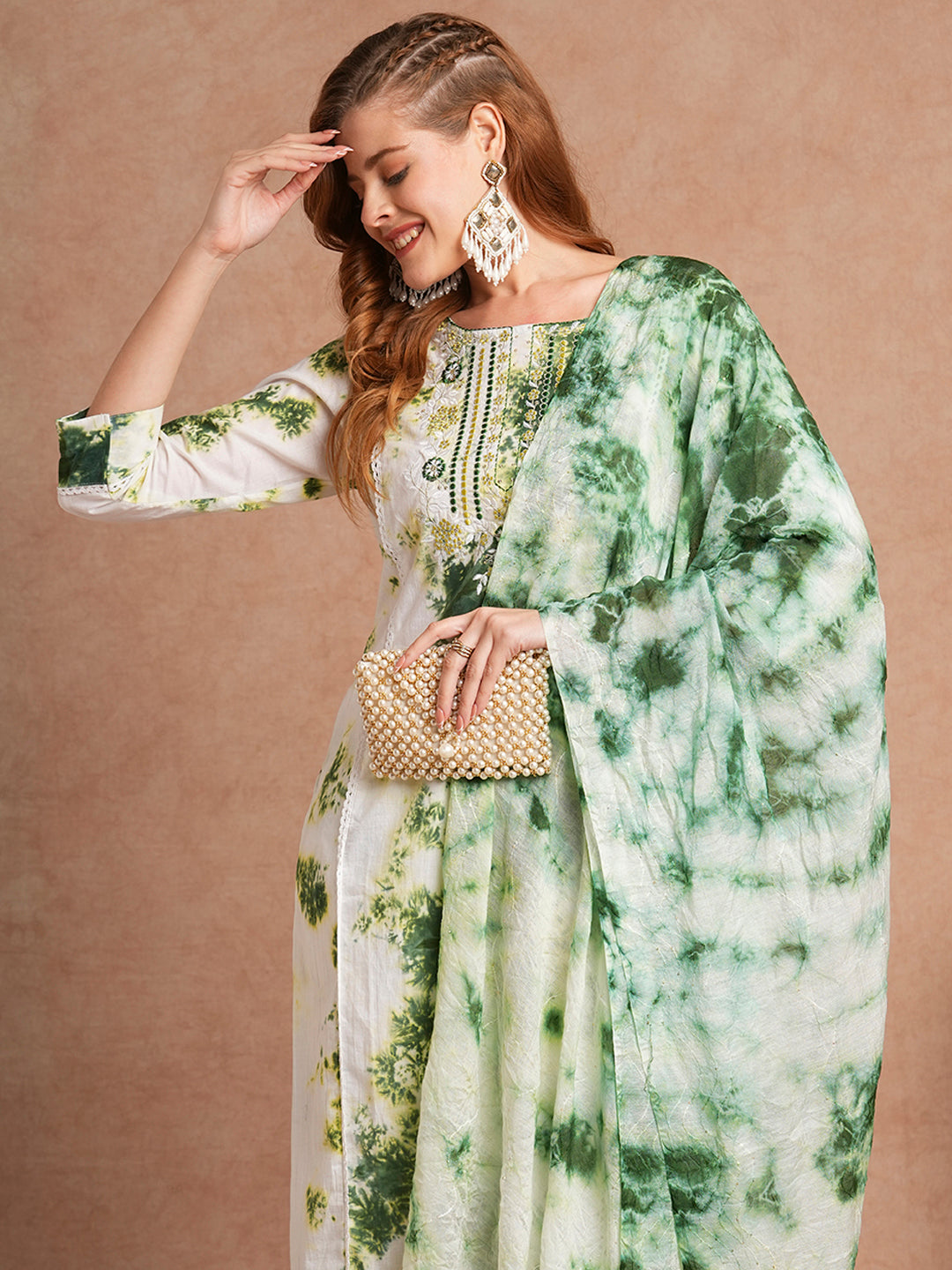 Abstract Printed & Embroidered Straight Fit Kurta with Pant and Dupatta - Multi