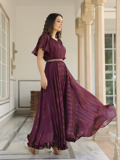 Floral Printed Flared Maxi Dress with Mirror & Stones Embroidered Waist Belt - Dark Mauve