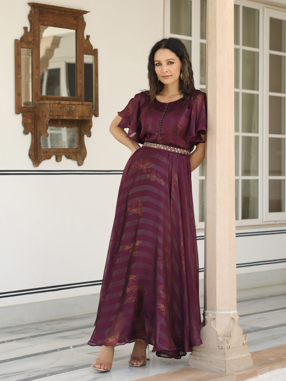 Floral Printed Flared Maxi Dress with Mirror & Stones Embroidered Waist Belt - Dark Mauve