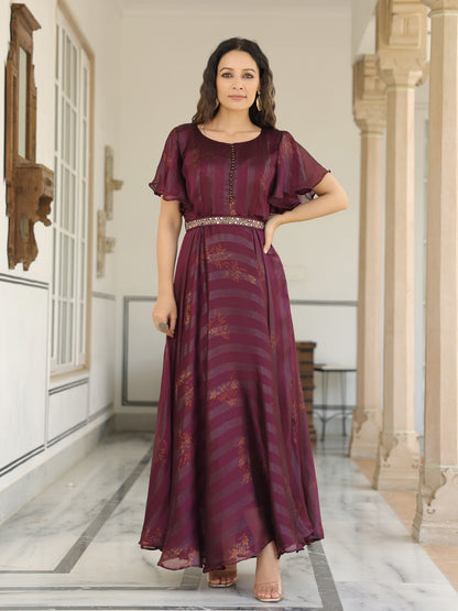 Floral Printed Flared Maxi Dress with Mirror & Stones Embroidered Waist Belt - Dark Mauve