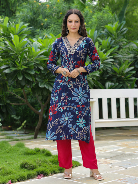 Floral Printed Zari, Sequins & Resham Embroidered Kurta - Navy Blue