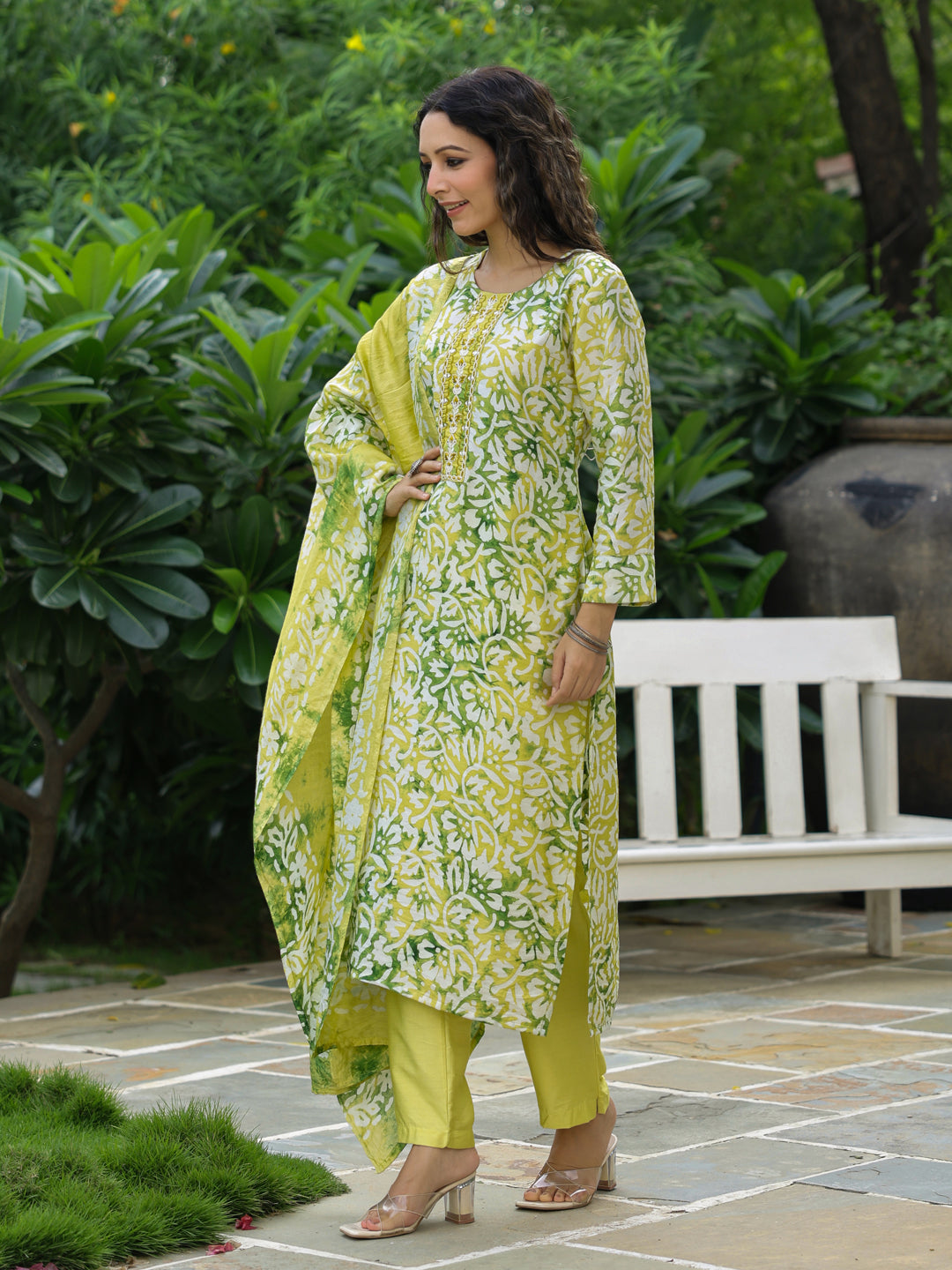 Ethnic Dabu printed & Embroidered Straight Kurta with Pant & Dupatta - Yellow