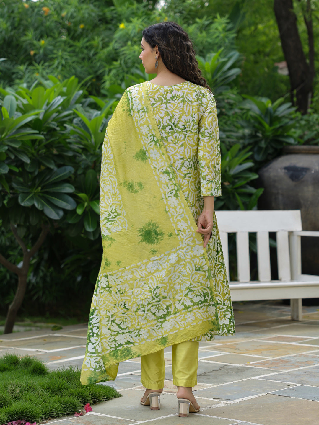 Ethnic Dabu printed & Embroidered Straight Kurta with Pant & Dupatta - Yellow