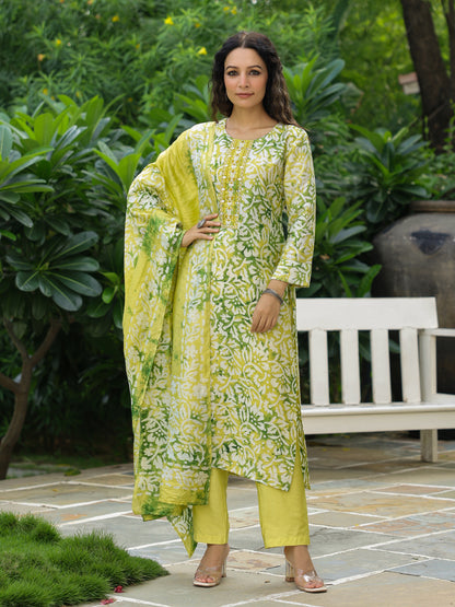 Ethnic Dabu printed & Embroidered Straight Kurta with Pant & Dupatta - Yellow