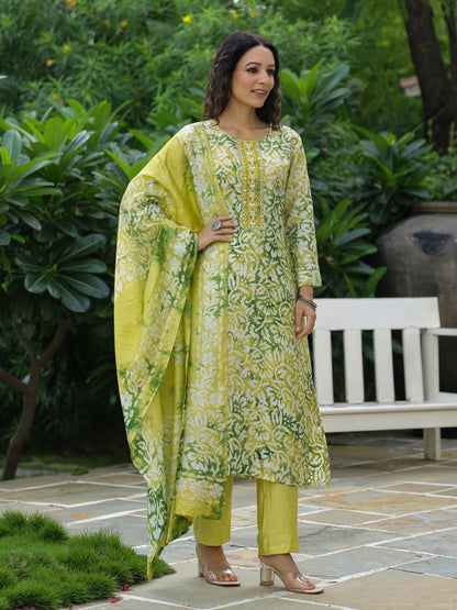 Ethnic Dabu printed & Embroidered Straight Kurta with Pant & Dupatta - Yellow