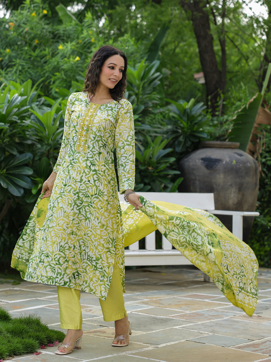 Ethnic Dabu printed & Embroidered Straight Kurta with Pant & Dupatta - Yellow