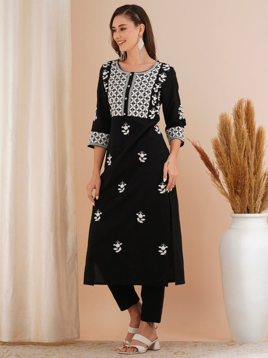 Floral Chikankari Embroidered Straight Fit Co-ord Set - Black