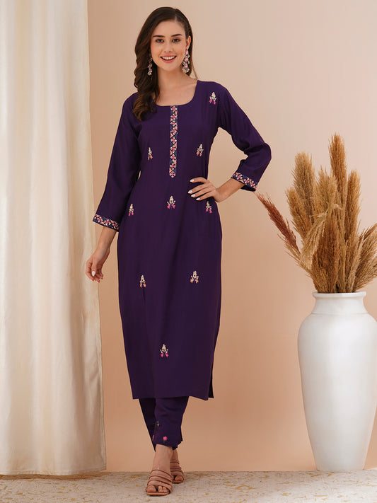 Abstract Floral Printed A-Line Paneled Kurta with Pant - Blue